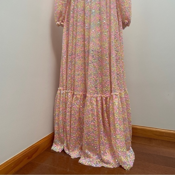 Selkie- Rainbow Sequin Princess Gown Size XS 3/4 Sleeve Sweetheart Maxi Dress - Picture 11 of 16
